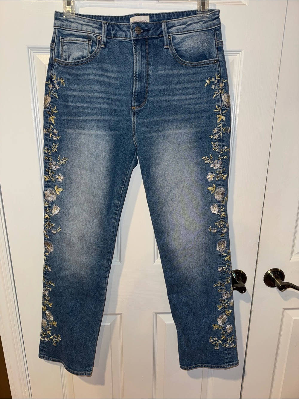 DRIFTWOOD Blue Jean Ankle Pants with Floral Side Embroidery